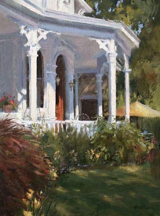 Oil painting of a Victorian house porch, example of architectural commission work