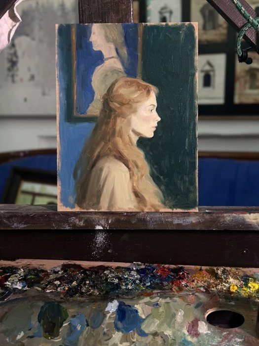 Oil painting of a woman in profile against a blue and green background