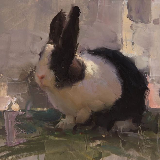 Oil painting of a black and white rabbit