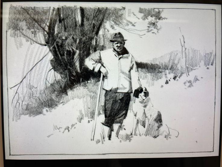 Graphite sketch of a man standing with his dog outdoors