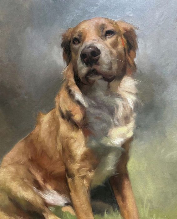 Oil painting of a dog sitting, brown and white coat