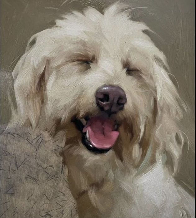 Oil painting of a fluffy white dog with tongue out